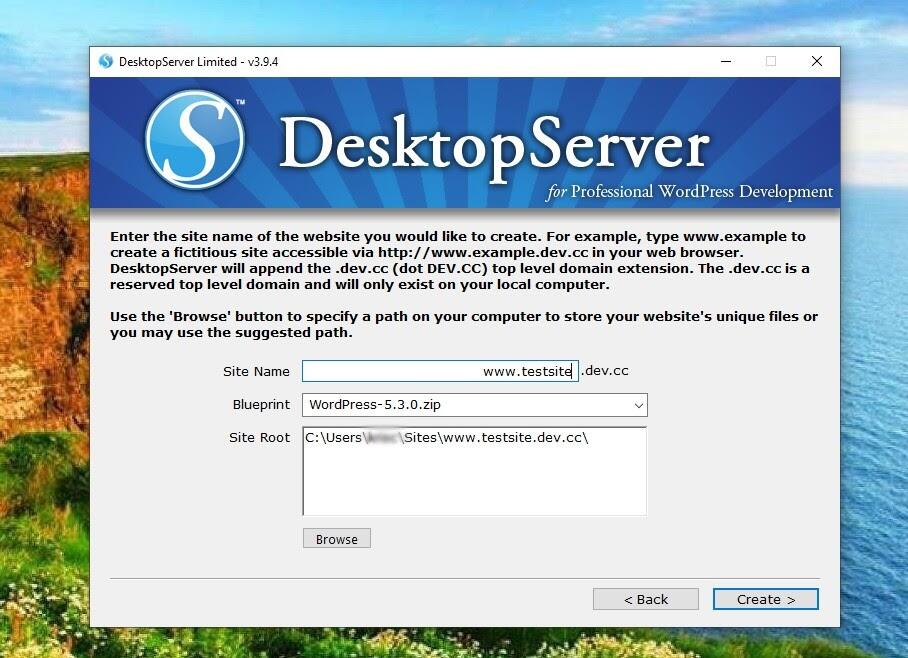在DesktopServer中创建站点名称界面
