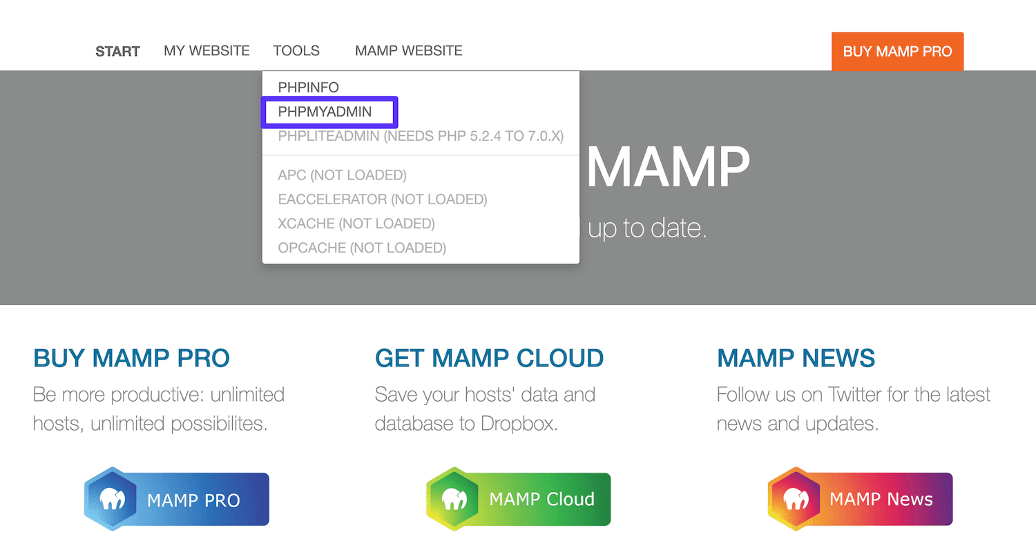 通过MAMP WebStart页面打开phpMyAdmin