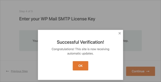WP Mail SMTP许可证密钥验证成功