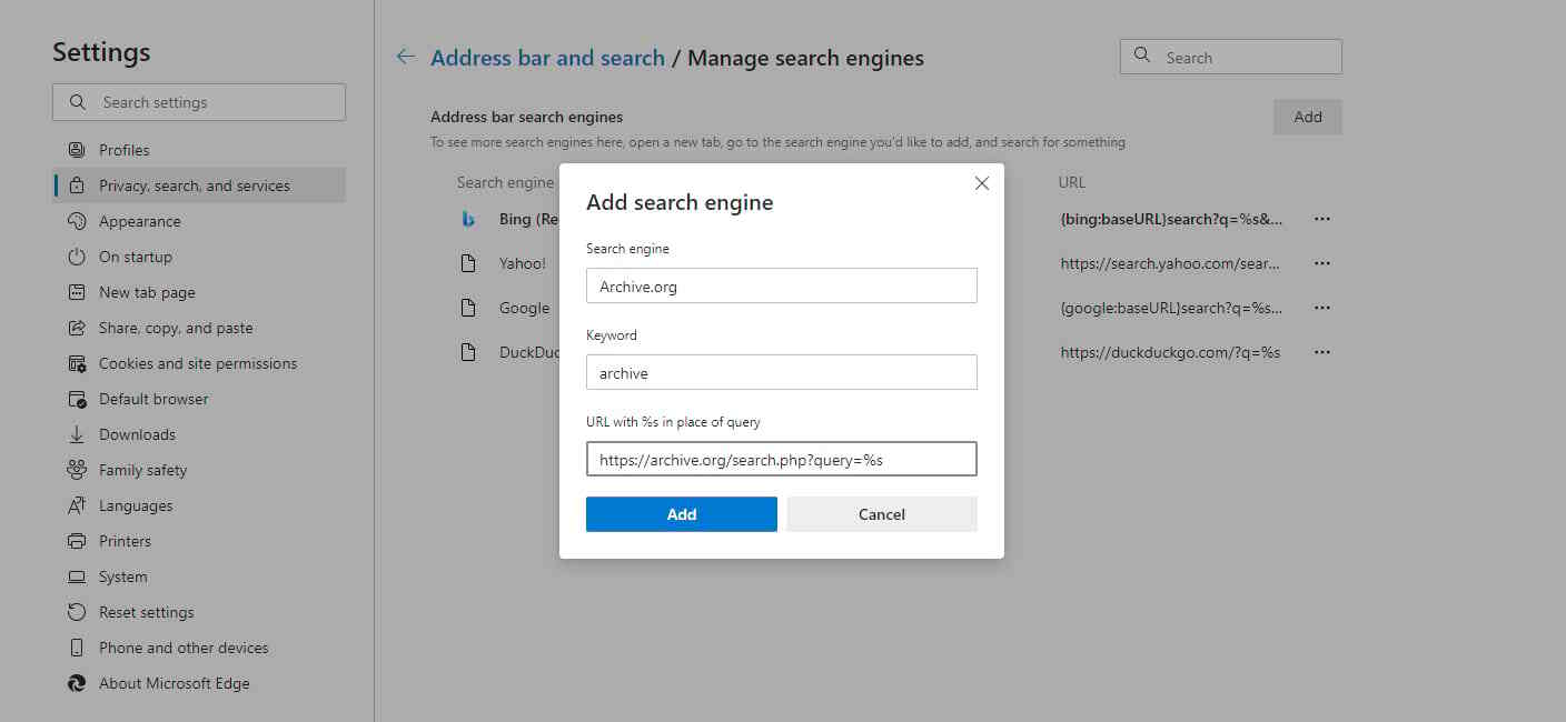 在Edge的地址栏中添加一个新的搜索引擎选项