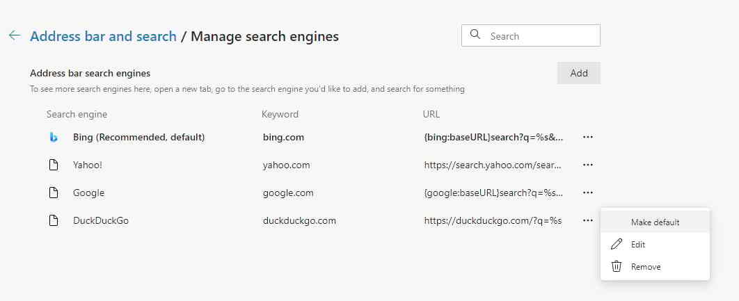 在Edge中管理搜索引擎菜单