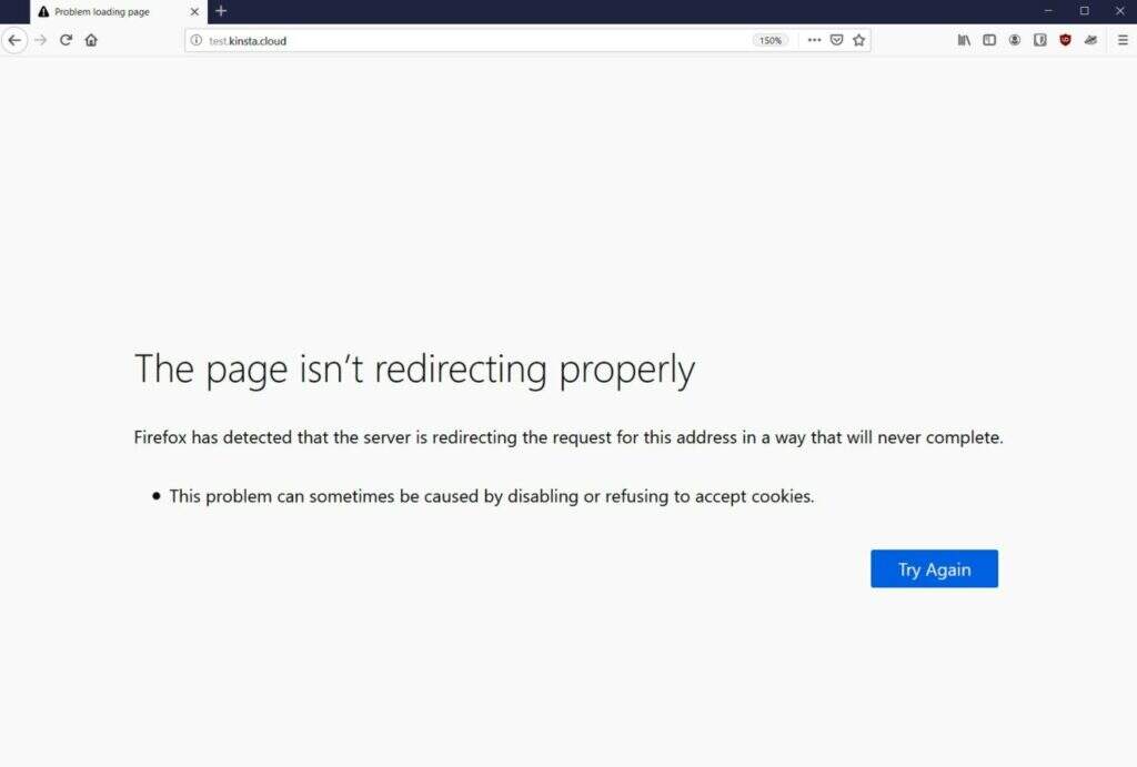 Firefox中"此页面不能正确地重定向"错误示例。