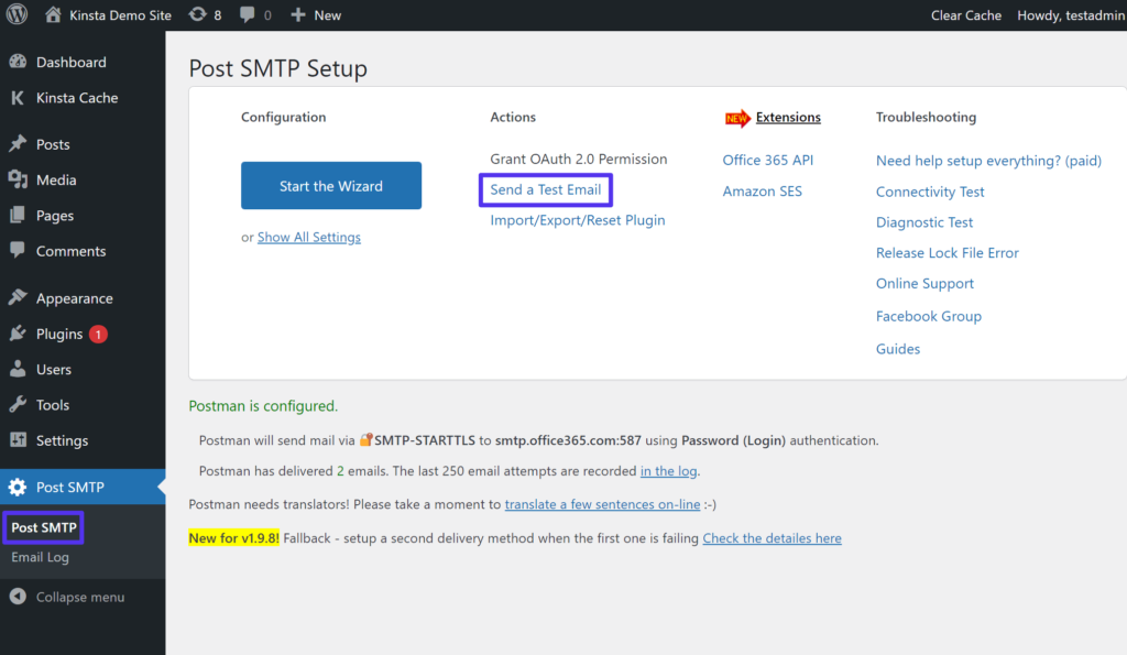 访问Post SMTP的测试电子邮件功能
