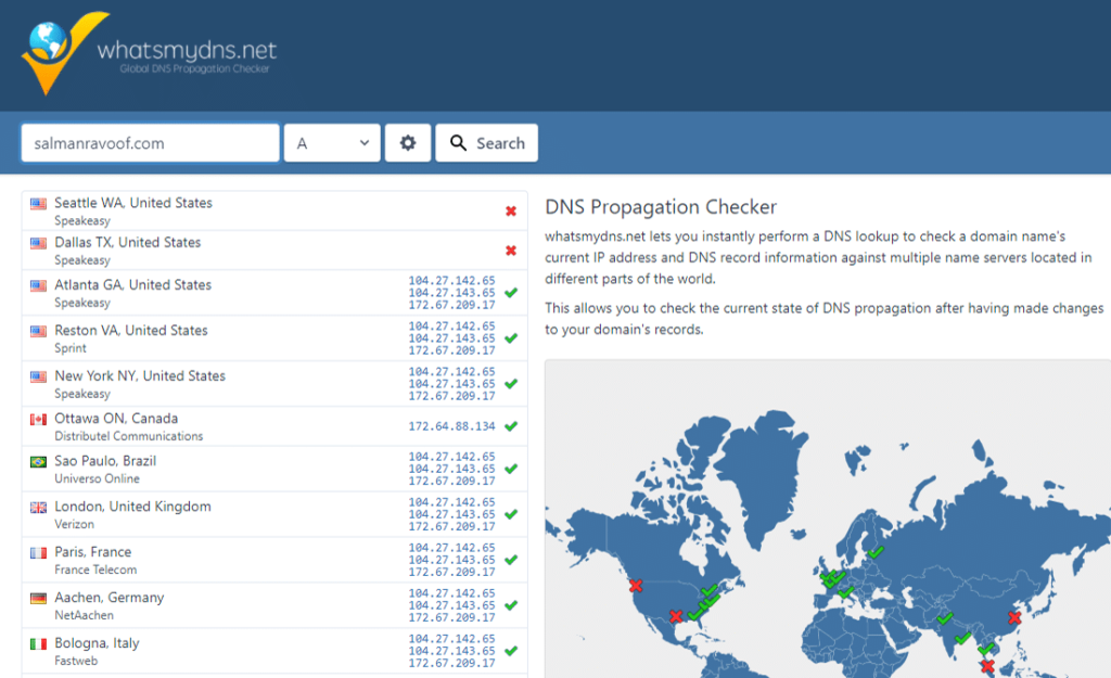 在whatsmydns.net上检查您的域的DNS传播