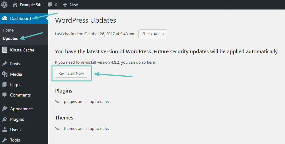WordPress仪表板更新区域