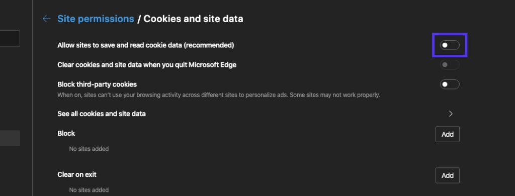 确保Edge允许保存cookie