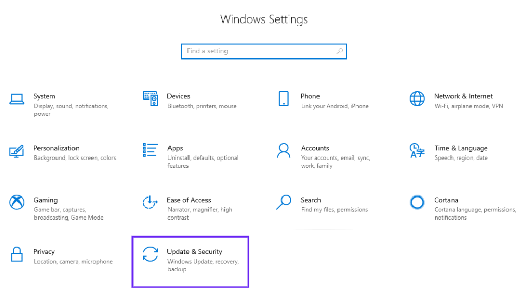 Windows设置中的更新和安全选项