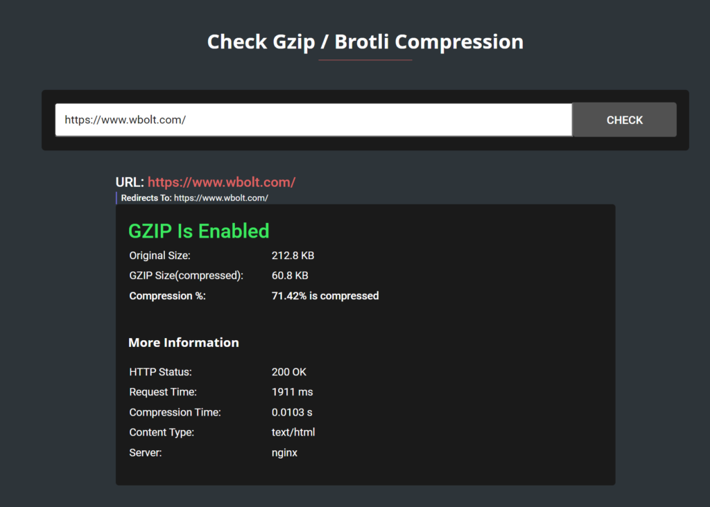 使用Check GZIP压缩工具测试wbolt.com的主页