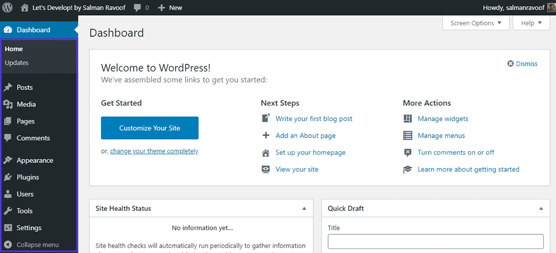 默认的WordPress管理仪表盘