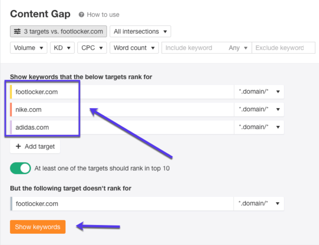使用Ahrefs Content Gap工具查找要定位的关键字