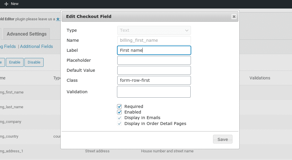 WooCommerce Checkout Field Editor插件中的编辑结帐字段面板