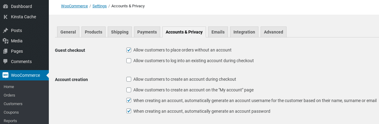 WooCommerce设置的“帐户和隐私”选项卡