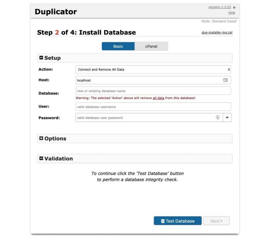 在duplicator中创建数据库