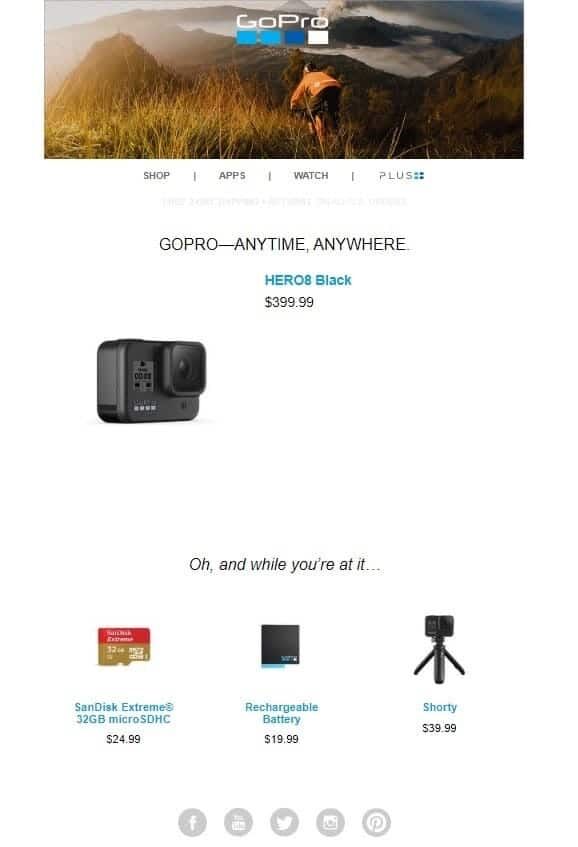 GoPro – 遗弃的购物车提醒电子邮件示例