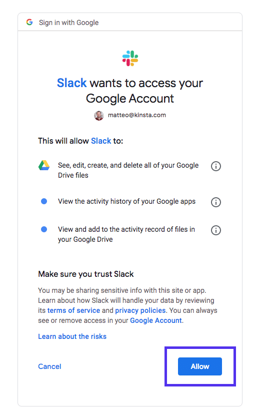 Slack谷歌文档和驱动器身份验证