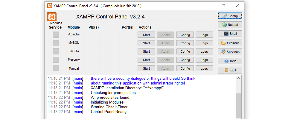 XAMPP控制面板包括PHP及其其他组件的日志