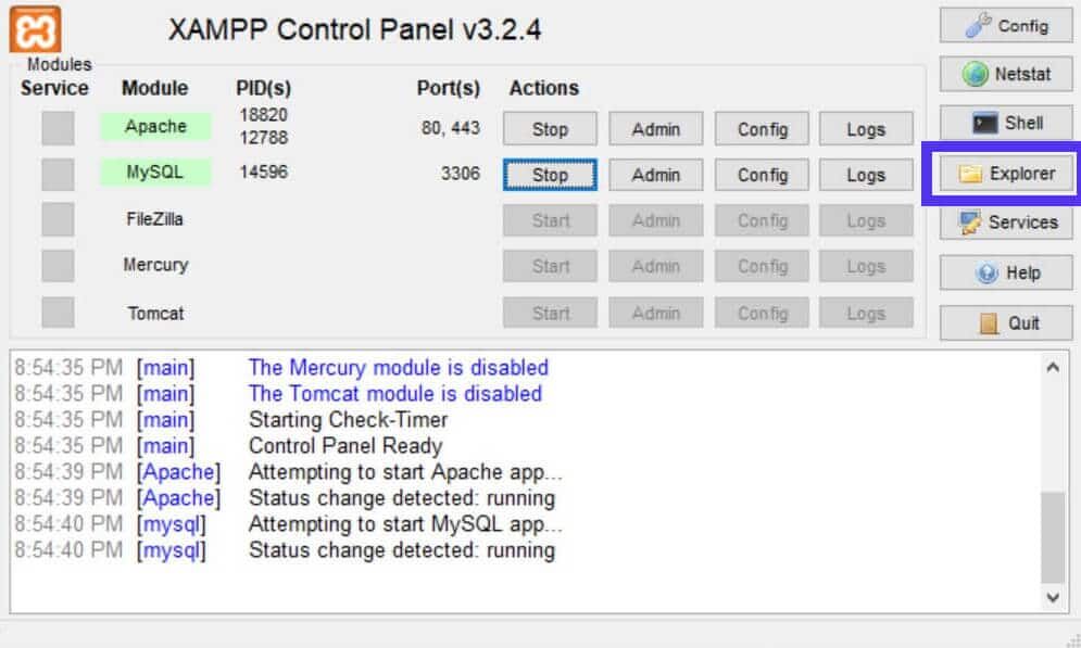 XAMPP控制面板中的Explorer按钮