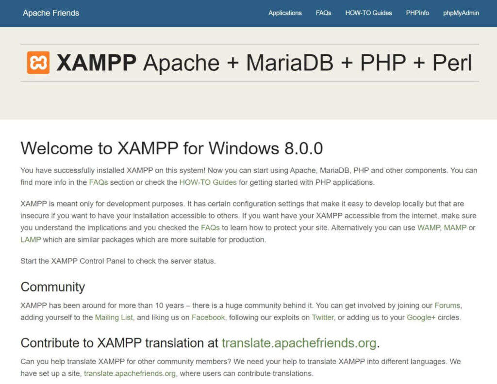 XAMPP“localhost/dashboard”页面