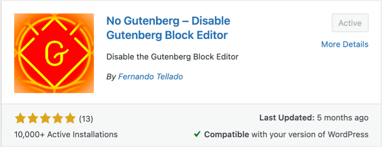 No Gutenberg – 禁用Gutenberg区块编辑器