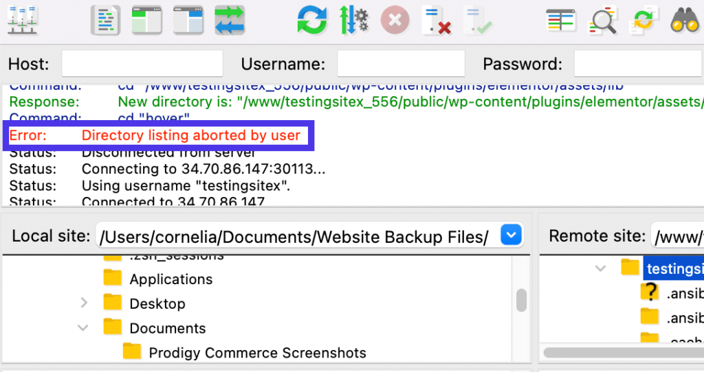 “Error: Directory Listing Aborted By User”错误的示例