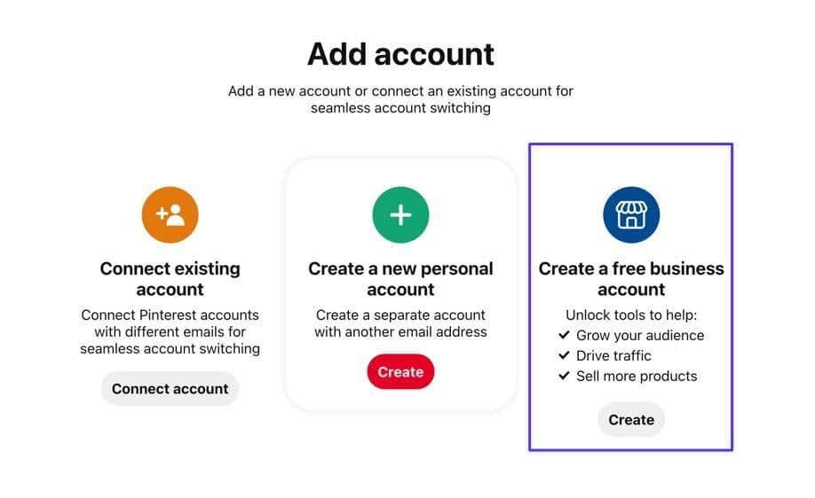 在Pinterest上创建免费企业帐户的选项