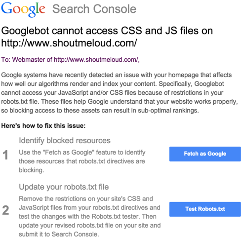 "Googlebot cannot access CSS and JS files" 错误截图