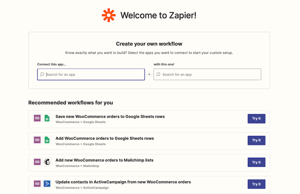 带有WooCommerce工作流程的Zapier仪表盘