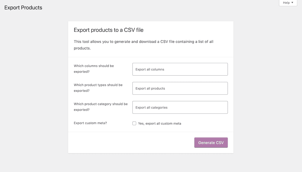 WooCommerce“Export Products”对话框屏幕