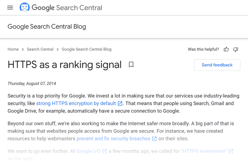 谷歌博客指出https作为排名信号