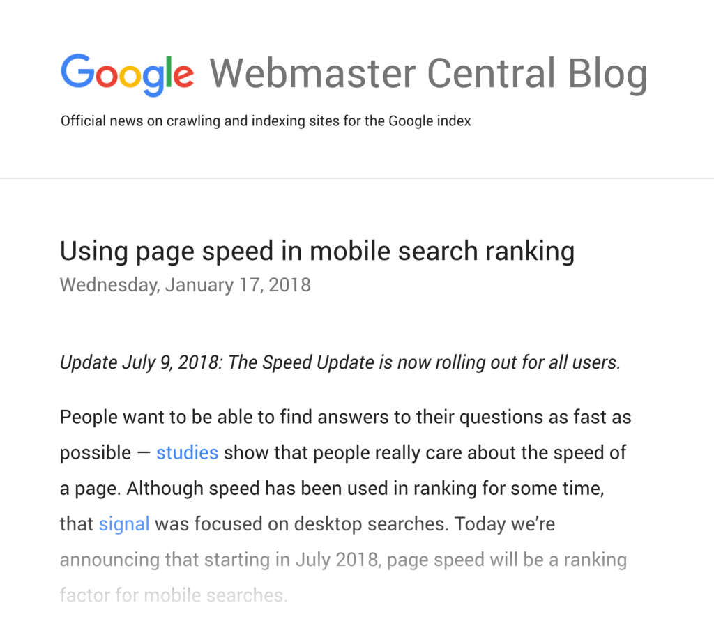谷歌博客指出移动搜索排名考虑页面速度