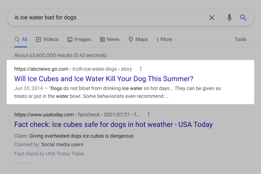 谷歌搜索结果显示冰水对狗有害