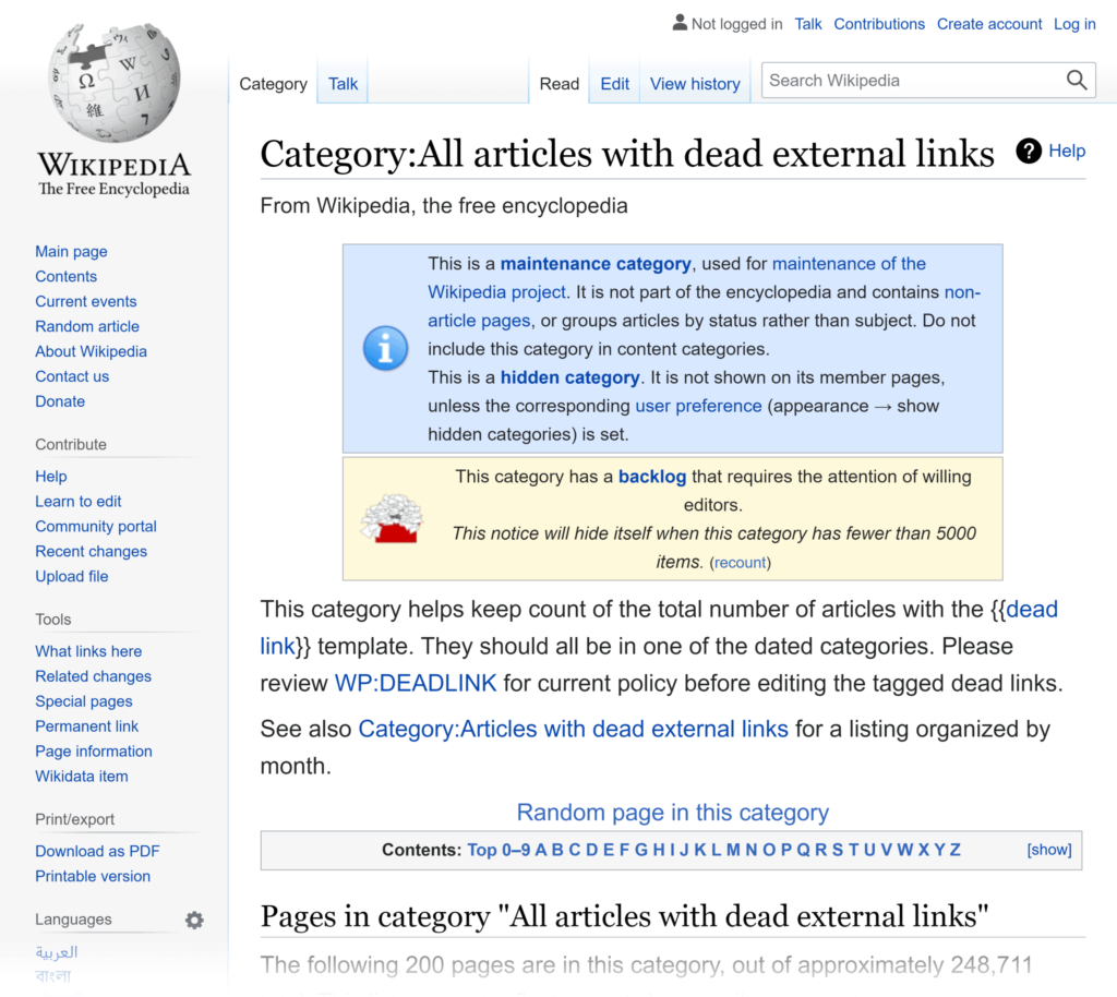 带有死链接的维基百科文章