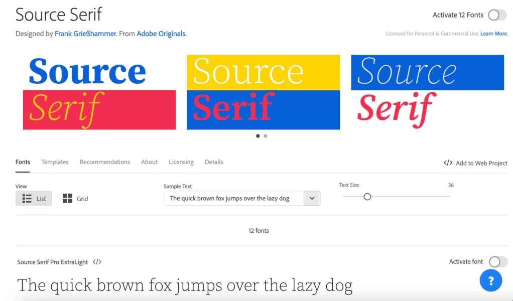 fonts.adobe.com 上的 Source Serif Pro 预览