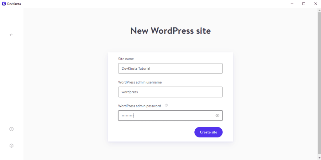 DevKinsta的新WordPress网站创建界面