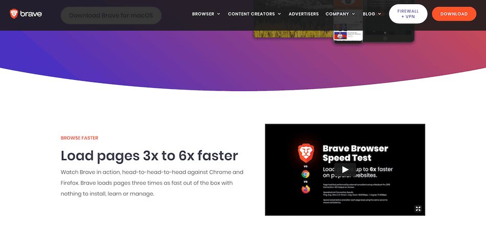 Brave在其网站上宣称的速度
