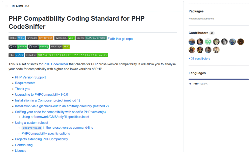 来自PHPCompatibility GitHub页面的屏幕截图