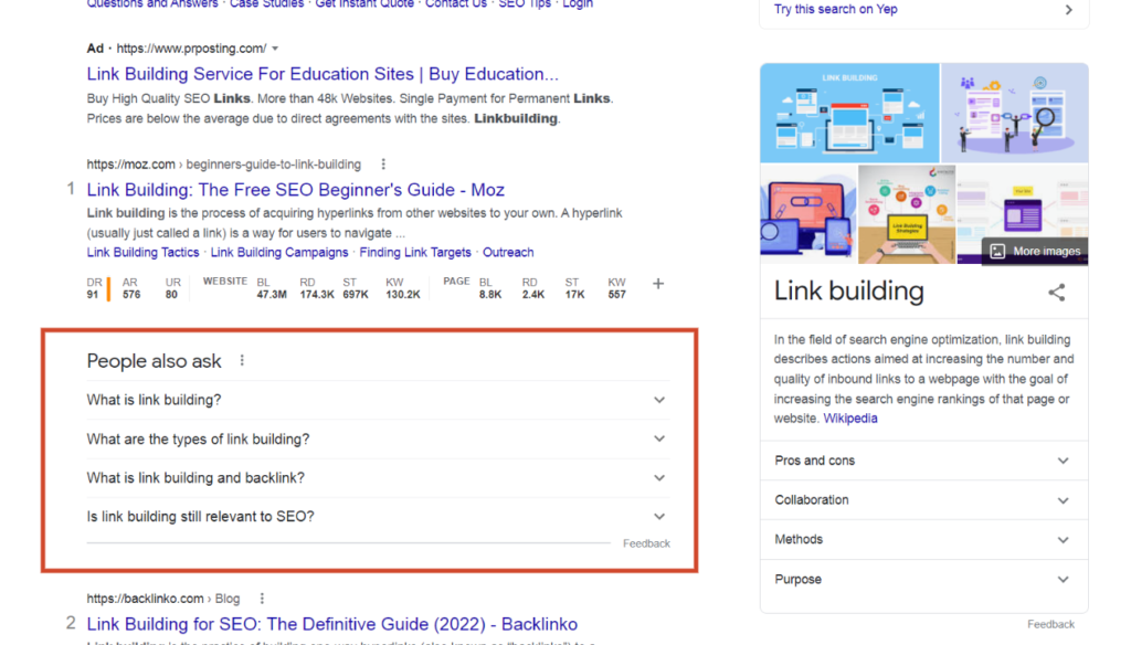 Google关于“link building”搜索的PAA列表
