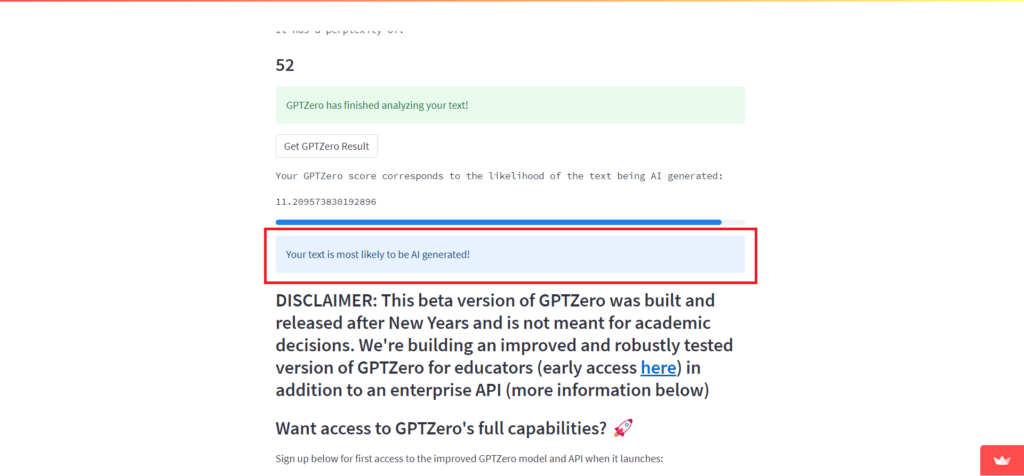 GPTZero检出ChatGPT内容为AI生成