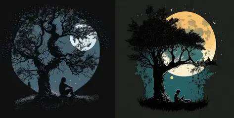 诗人坐在月光下的树旁，负空间