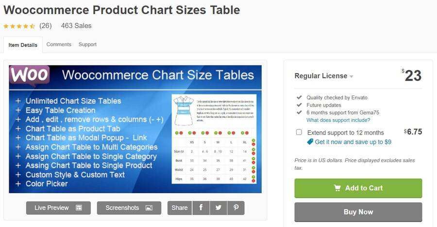 WooCommerce Product Chart Size Table