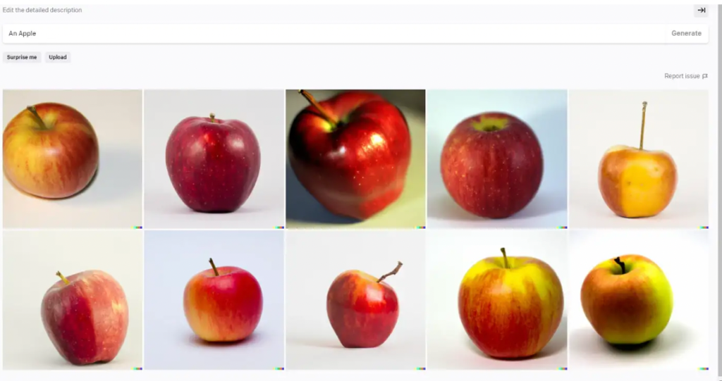 输入 "一个苹果" 将得到一系列逼真的苹果图像
