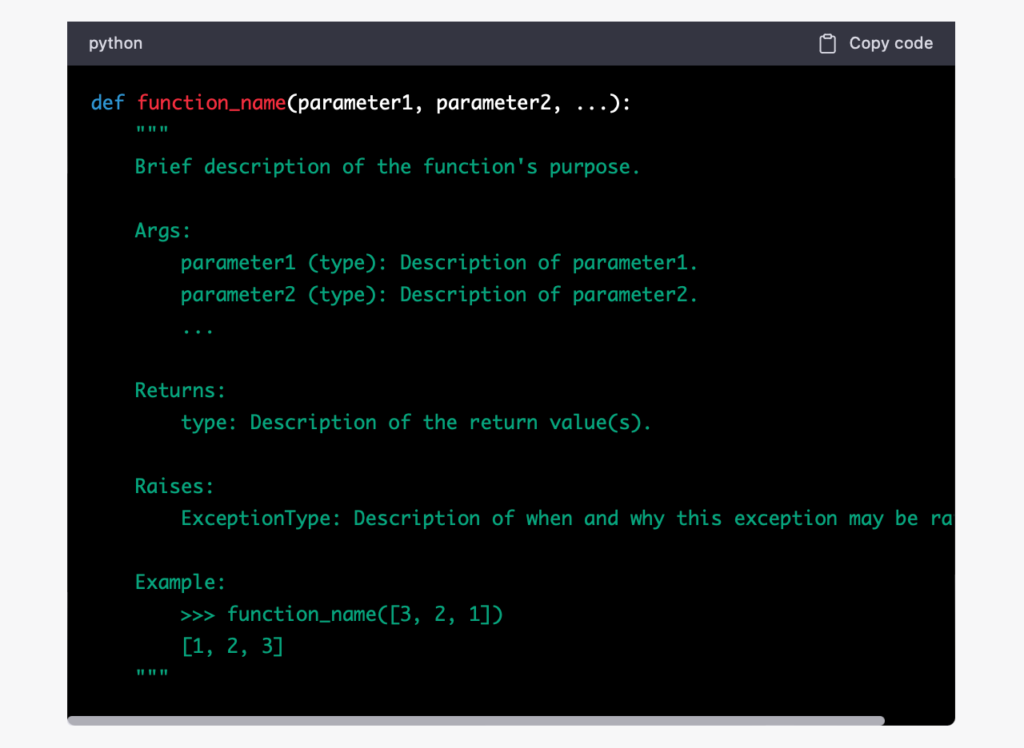 ChatGPT提供了一个Python函数的代码文档示例