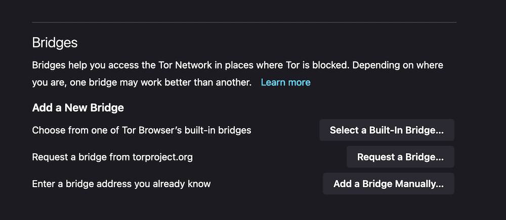 Tor浏览器连接选项中的Bridges部分