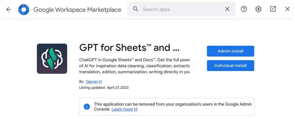 安装GPT for Sheets and Docs