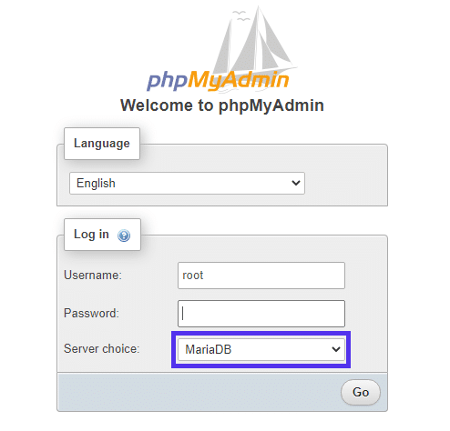 phpMyAdmin在MariaDB服务器上的登录页面