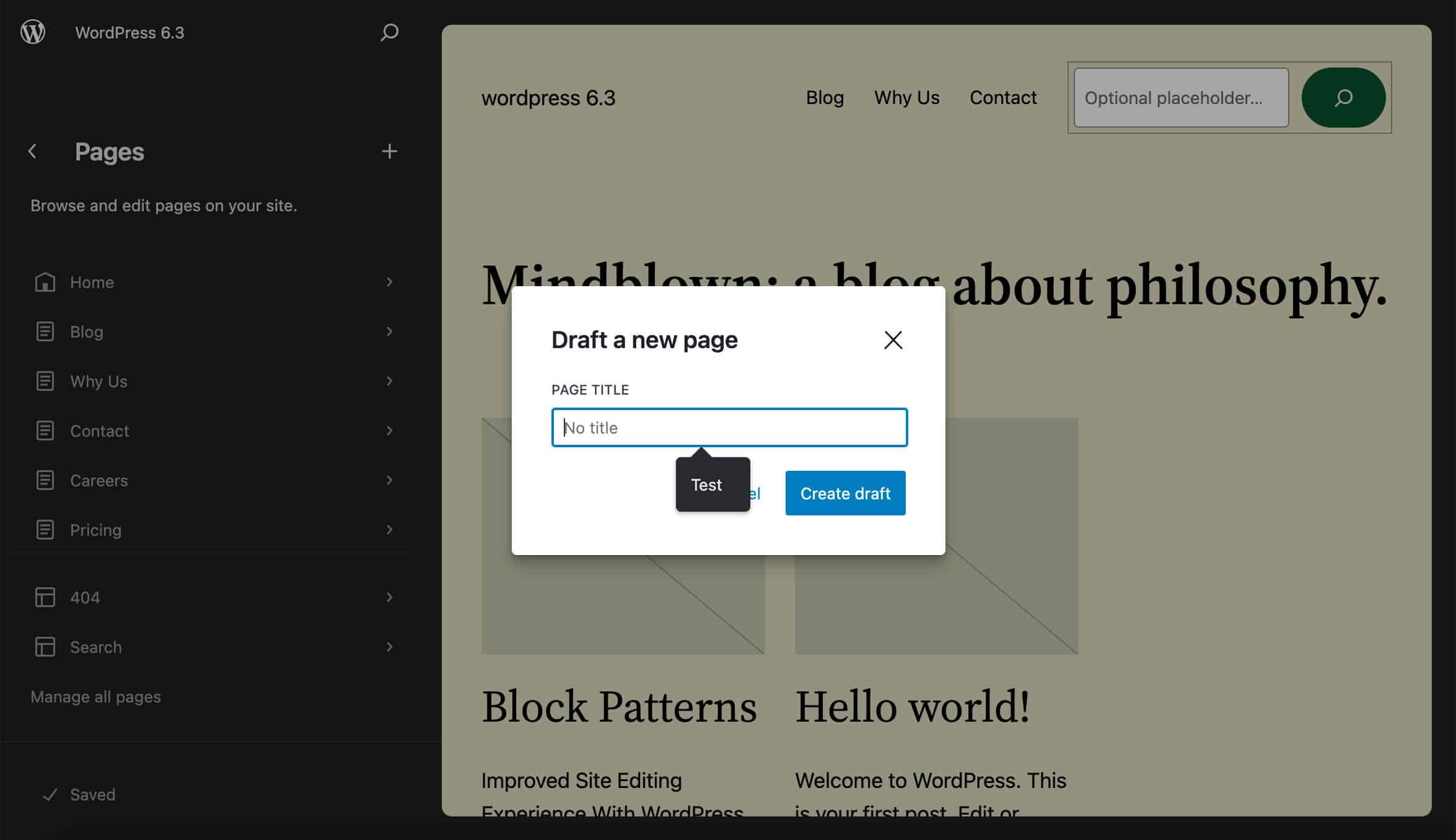在 WordPress 6.3 中创建新页面