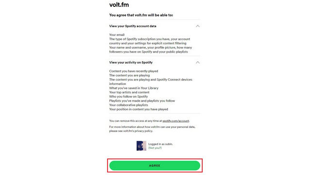 允许 Volt.fm 访问您的 Spotify 账户数据