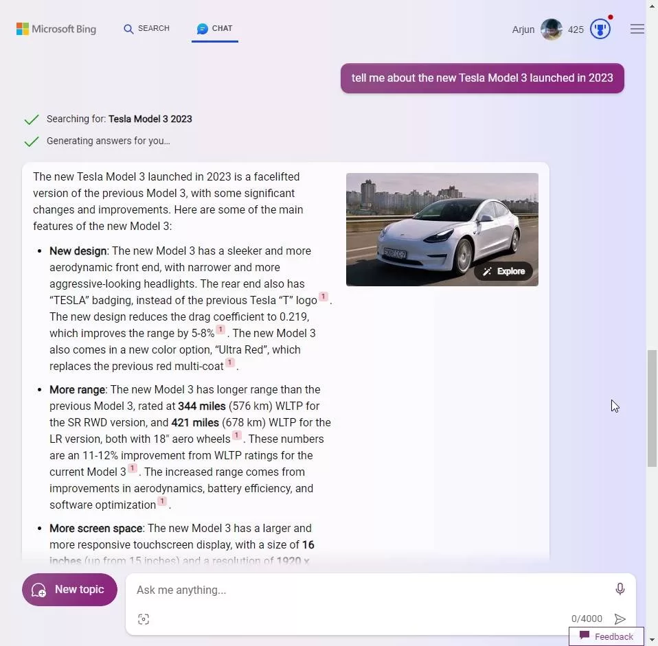 Bing聊天咨询最新Model 3信息