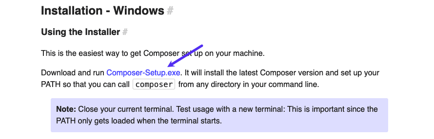 在 Composer 官方网站上找到 Windows 安装程序