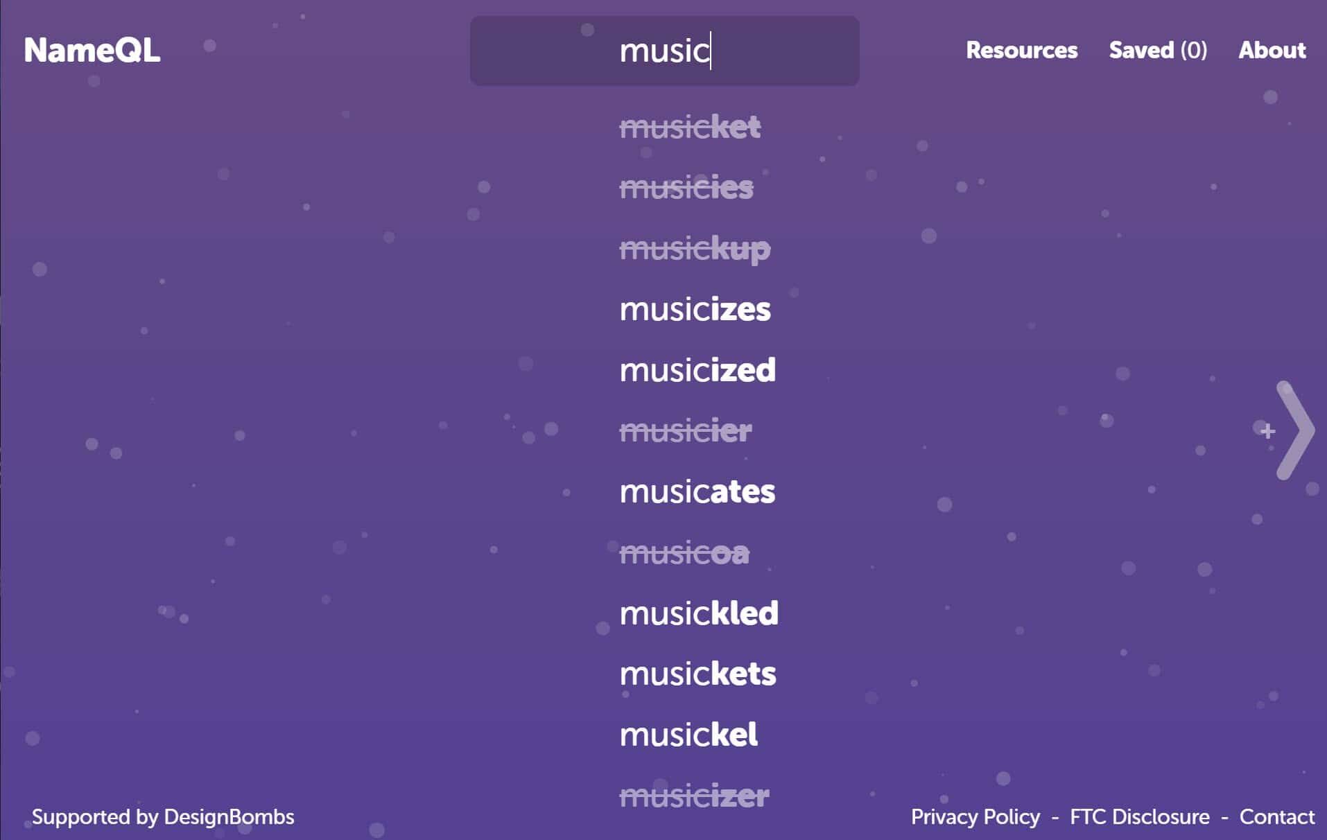NameQL中 "music" 一词的搜索结果